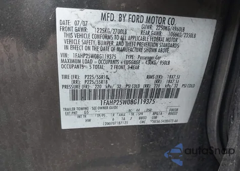 2008 Ford Taurus Limited из США, поврежденный, VIN 1FAHP25W08G119375